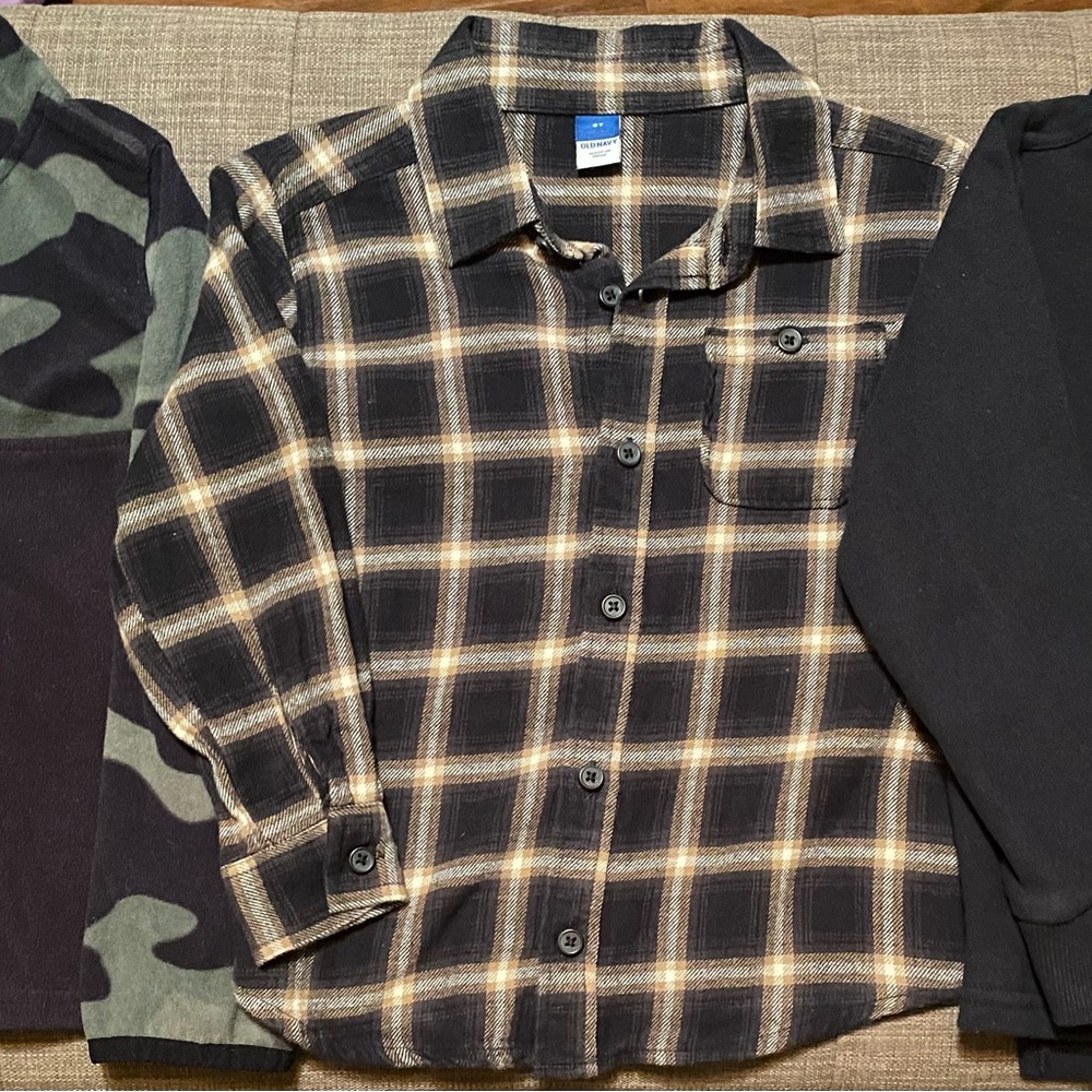Old Navy Black Plaid Button-Up Shirt and two lightweight sweaters. Pre loved